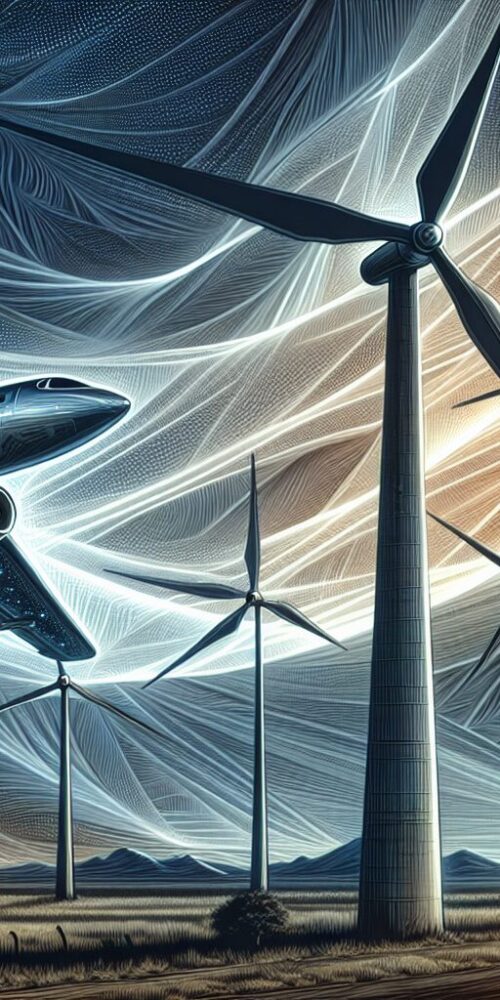 Illustration depicting the convergence of aerospace and wind energy, featuring airplanes and wind turbines under a dynamic, stylized sky.