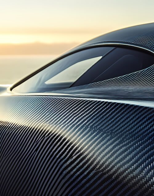 A close-up of a Koenigsegg Regera's exposed carbon fiber body, showing the intricate V-pattern weave of the advanced composite material at sunset.