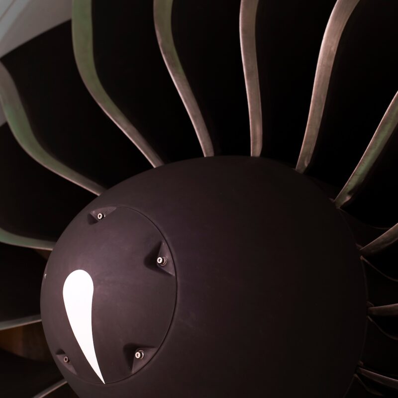 Close-up of jet engine turbine blades used in advanced composite inspection and NDT