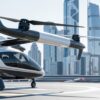Electric vertical takeoff and landing eVTOL aircraft with carbon fiber composite fuselage and wing structures parked on a rooftop vertiport pad against a modern city skyline, representing the advanced air mobility industry's reliance on lightweight composite manufacturing
