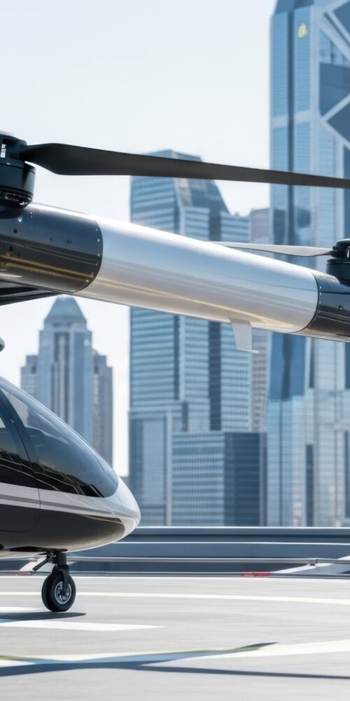 Electric vertical takeoff and landing eVTOL aircraft with carbon fiber composite fuselage and wing structures parked on a rooftop vertiport pad against a modern city skyline, representing the advanced air mobility industry's reliance on lightweight composite manufacturing