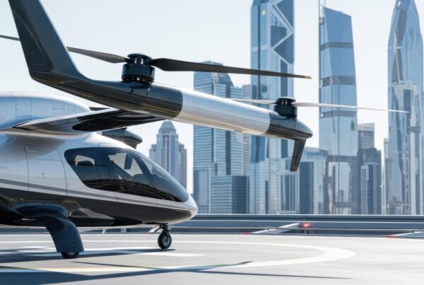 Electric vertical takeoff and landing eVTOL aircraft with carbon fiber composite fuselage and wing structures parked on a rooftop vertiport pad against a modern city skyline, representing the advanced air mobility industry's reliance on lightweight composite manufacturing