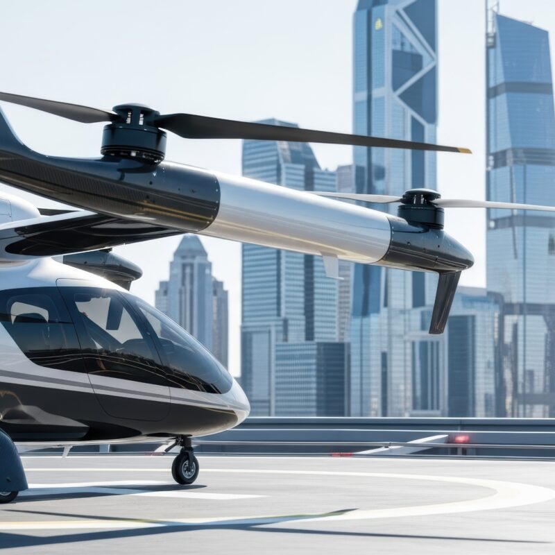 Electric vertical takeoff and landing eVTOL aircraft with carbon fiber composite fuselage and wing structures parked on a rooftop vertiport pad against a modern city skyline, representing the advanced air mobility industry's reliance on lightweight composite manufacturing