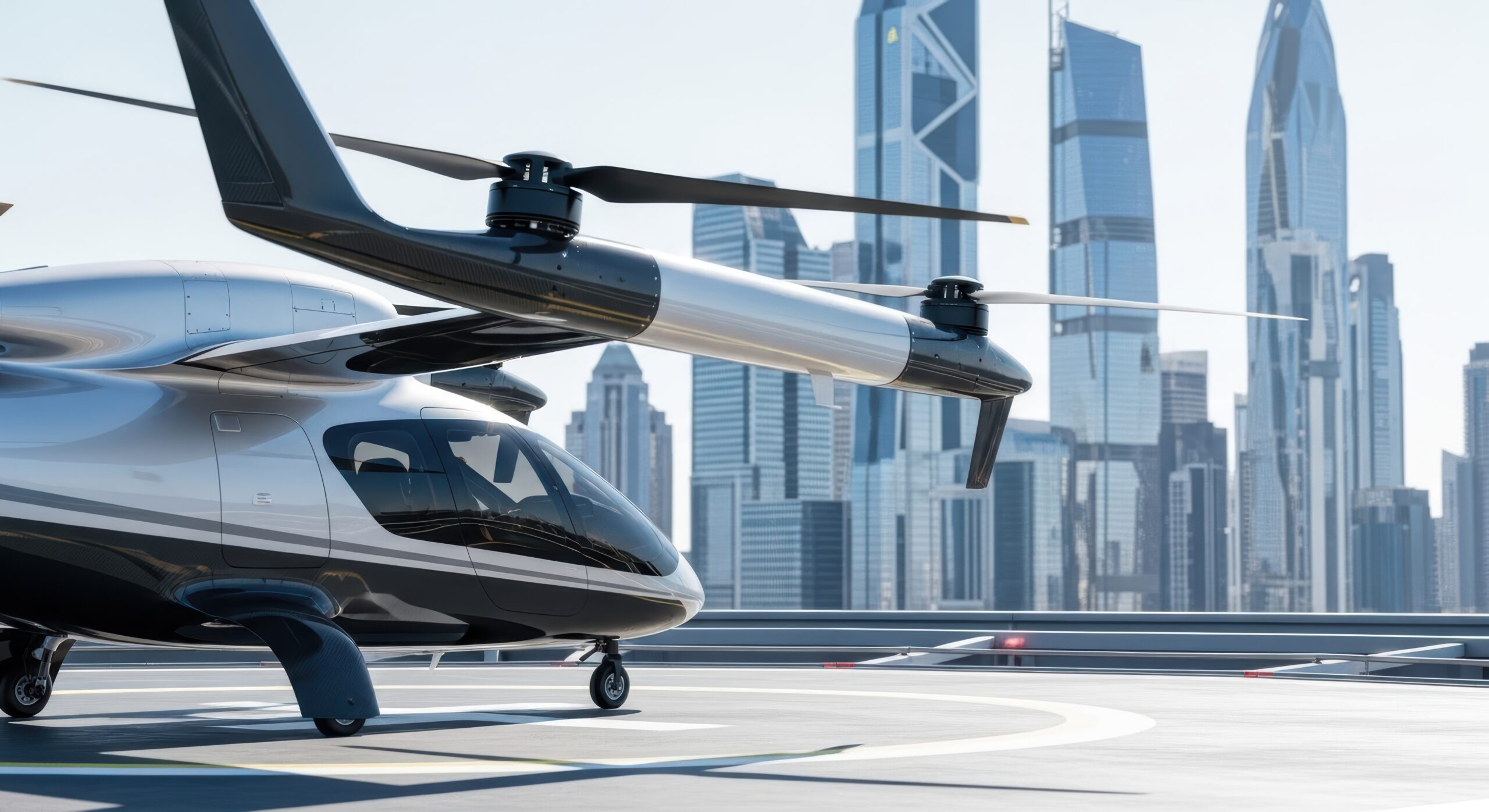 Electric vertical takeoff and landing eVTOL aircraft with carbon fiber composite fuselage and wing structures parked on a rooftop vertiport pad against a modern city skyline, representing the advanced air mobility industry's reliance on lightweight composite manufacturing