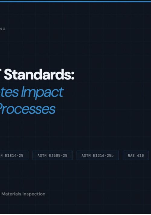 CICNDT branded graphic showing article title Navigating NDT Standards How ASTM Updates Impact Your Inspection Processes with referenced standard designations including ASTM E3370-24 E2580-17 E1814-25 E3505-25 E1316-25b NAS 410 NAS 999 and ASNT AI ML