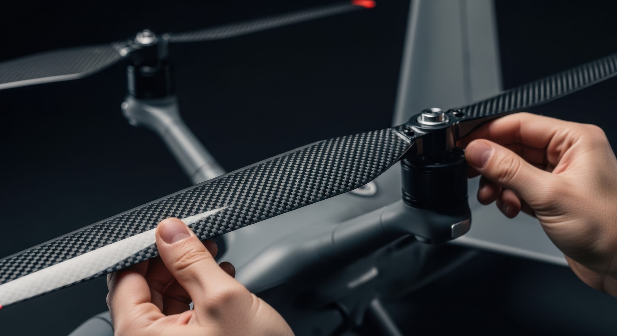Technician inspecting a carbon fiber drone propeller, highlighting composite materials used in aerospace and unmanned aircraft manufacturing.