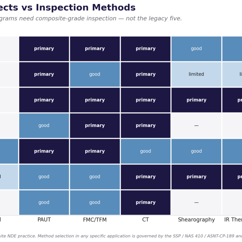 Matrix mapping seven composite defect types (delamination, matrix porosity, adhesive disbond, ply wrinkle, impact damage, honeycomb core crush, and inclusions) against seven inspection methods (visual, PAUT, FMC/TFM, CT, shearography, IR thermography, digital RT), with each cell labelled as primary, good, limited, or not applicable.